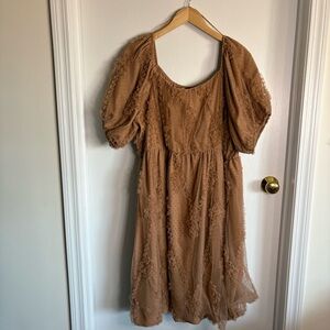 Polagram Tan Lace Overlay Square Neck Puff-Sleeve Dress Size 2X Fairy Coquette